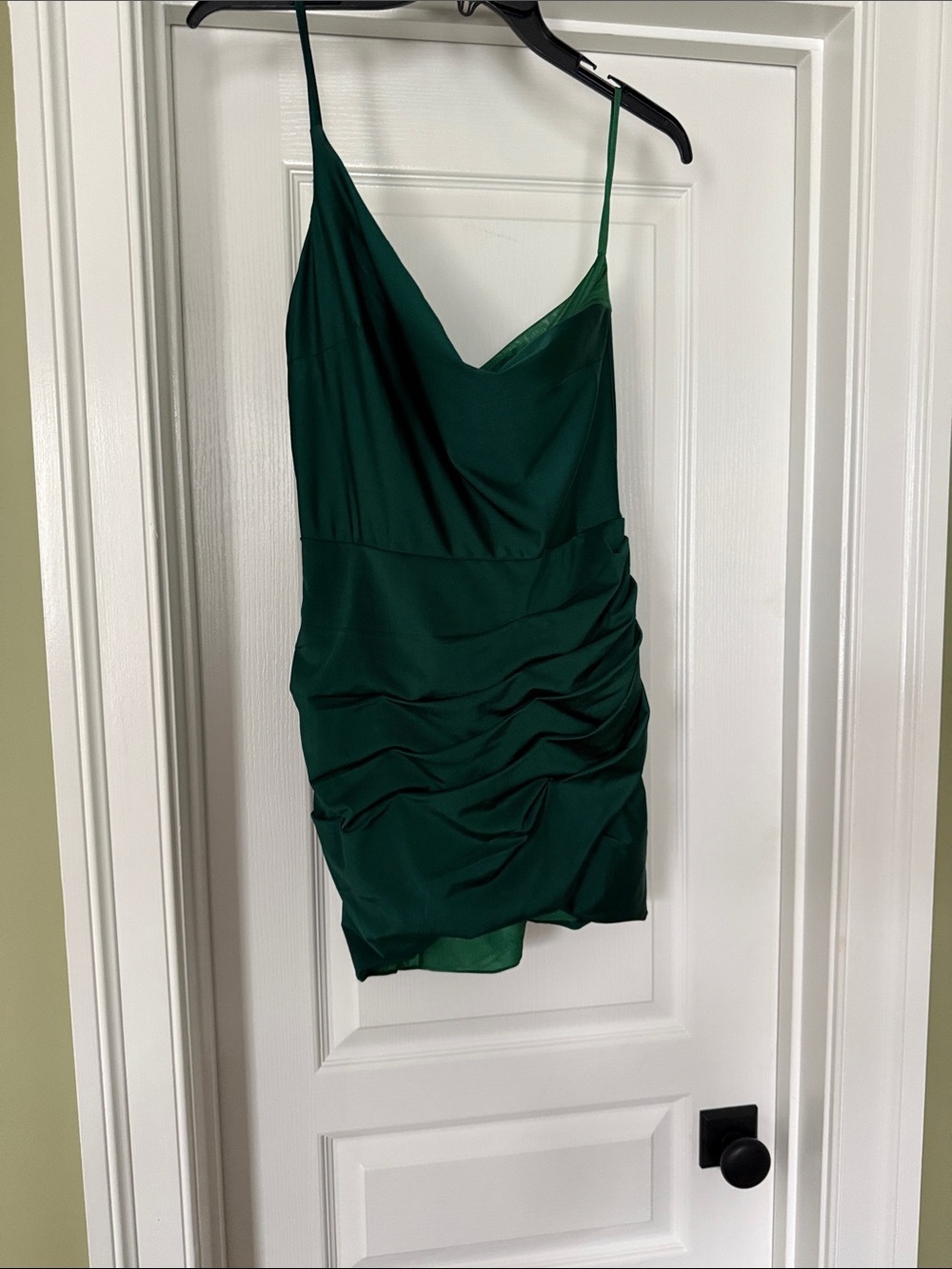 EUC stretchy one shoulder cocktail dress fully lined, ruching skirt, builtin cup